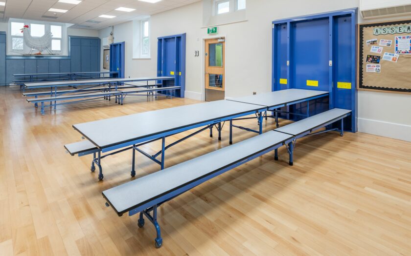 Wall pocket school canteen tables can seat up to 80 children.